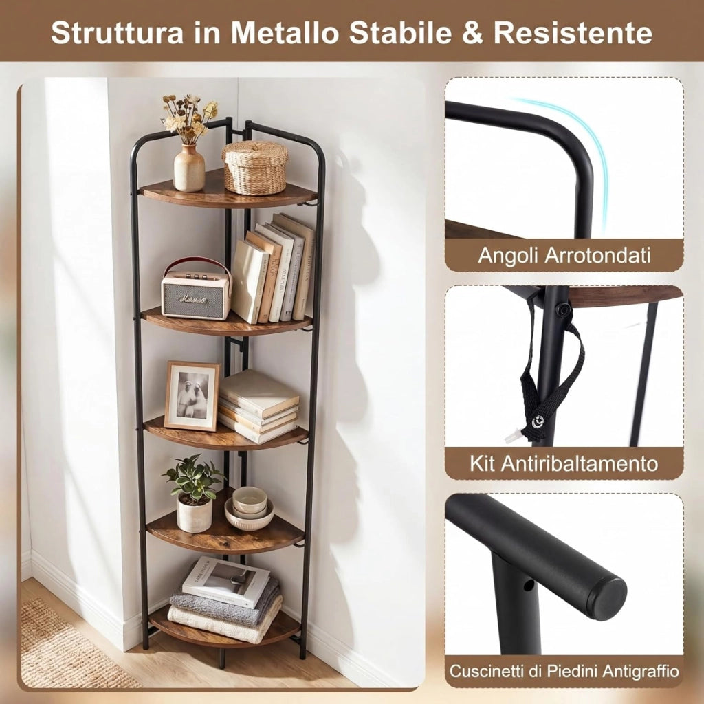 Libreria Angolare Pieghevole, Scaffale Stretto in Legno a 5 Ripiani, Organizer per Libri con Struttura Metallica, Design Industriale e Salvaspazio, per Casa Ufficio Studio, 34x34x151 cm