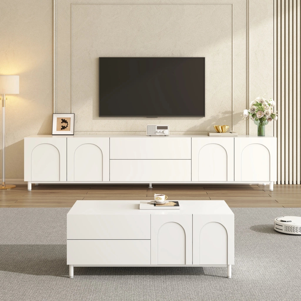 Mobile porta TV con 4 ante e 2 cassetti, tavolino basso coordinato, per soggiorno, in MDF e truciolare, bianco