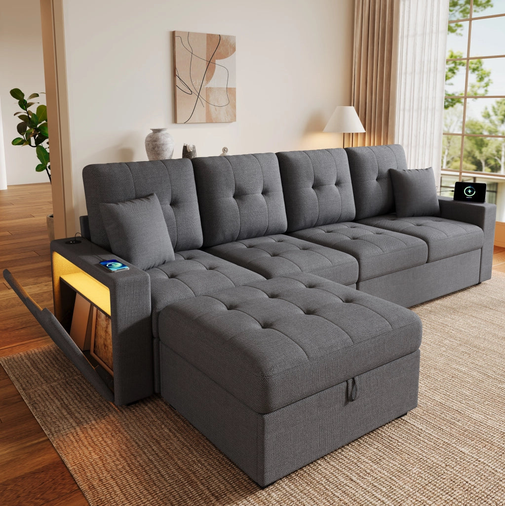 Divano angolare 4 posti con pouf contenitore, LED, USB e Type-C, grigio antico