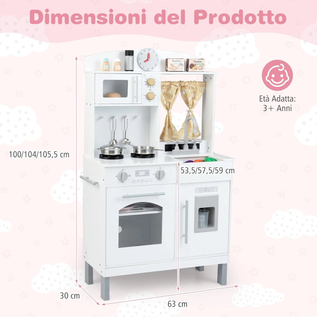 Cucina Giocattolo per Bambini, Cucina Finta in Legno Regolabile in Altezza, Forno a Microonde, Fornelli, Lavello, Forno, Fabbricatore di Ghiaccio, Cucinetta Giocattolo con Tende, per 3+ Anni