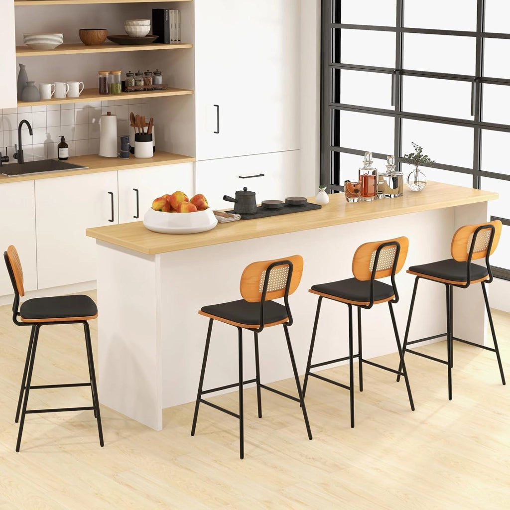 Set di 2 Sgabelli da Bar in Rattan, Sgabelli da Bar con Gambe in Metallo e Schienale in Rattan, Set di 2 Sedie da Bar con Cuscinetti Regolabili, per Cucina, Soggiorno, Bar
