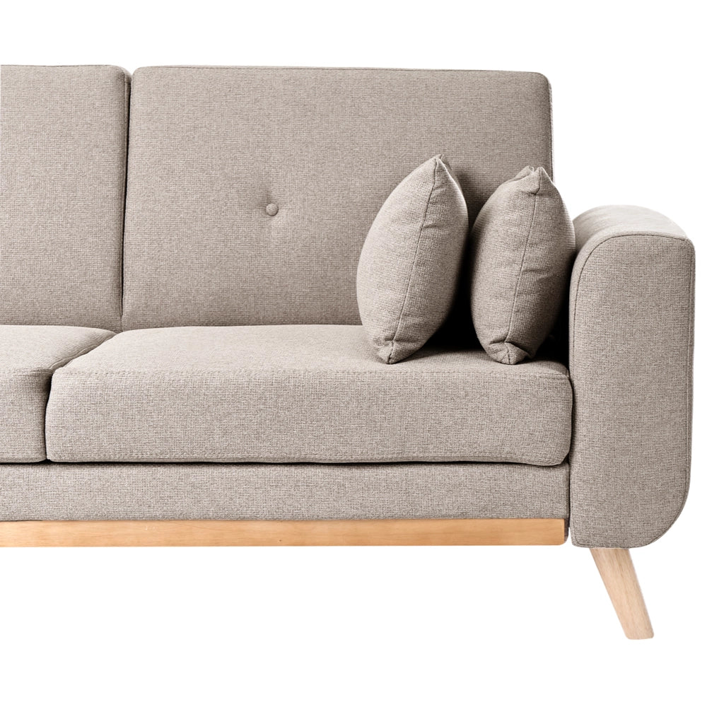 Divano Angolare ad Angolo Destro Beige in Tessuto Imbottito a L con Seduta Trapuntata Cuscini Decorativi e Funzione Letto