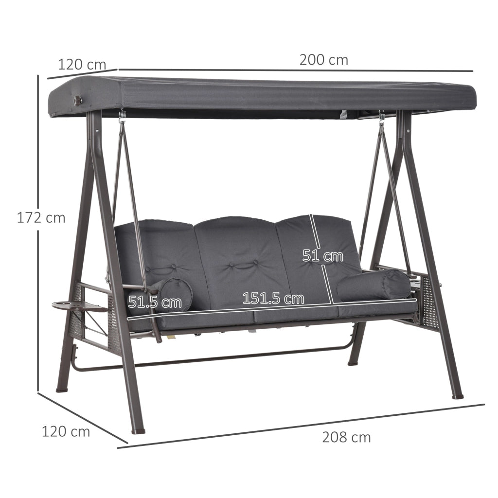 Dondolo da Giardino 3 Posti 208x120x172 cm Tetto Regolabile Portabicchieri e Cuscini Grigio