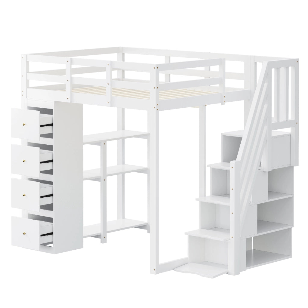 Letto a soppalco 140x200 cm in legno bianco con 4 cassetti; ripiani e scala laterale