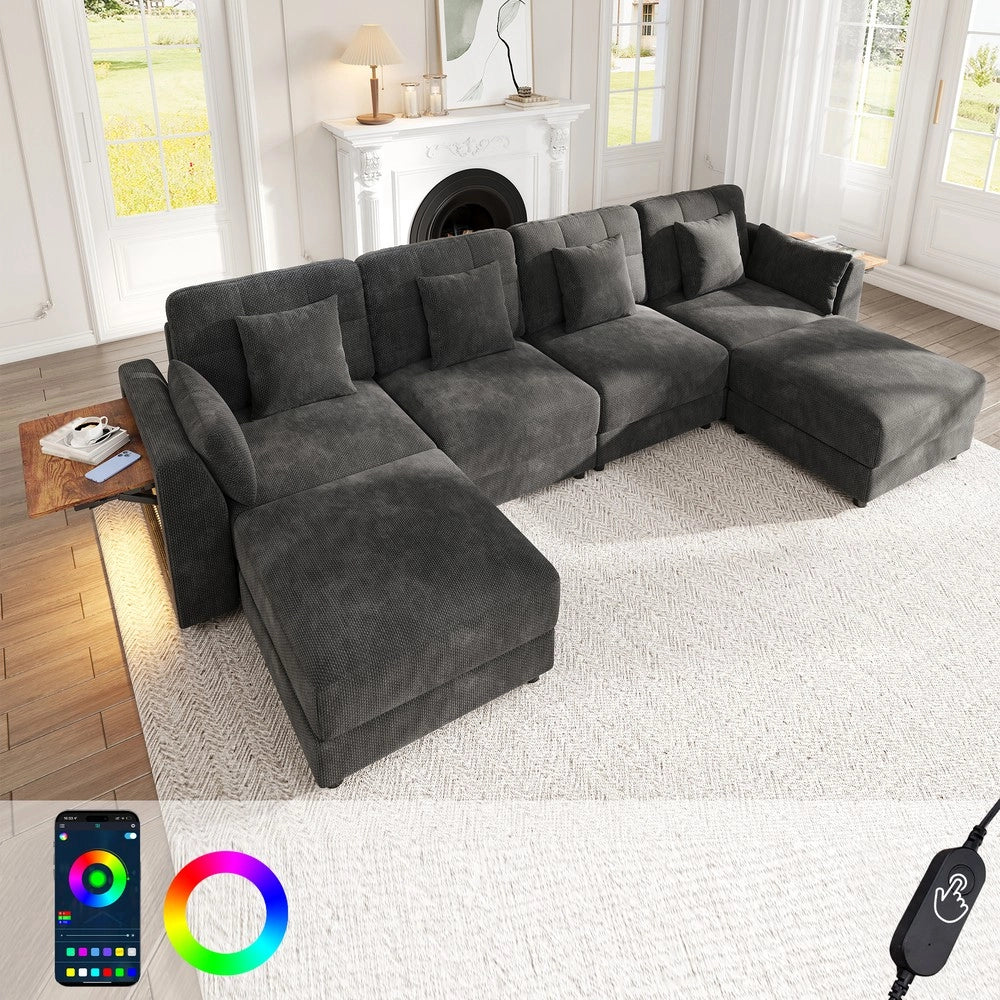 Divano angolare modulare con poggiapiedi e cuscini ¨C Minimal ¨C Grigio tessuto chenille gambe metallo