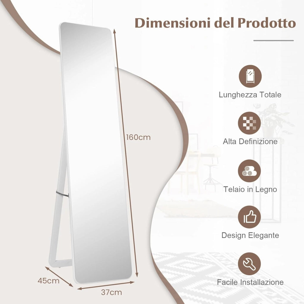 Specchiera da Terra Autoportante a Figura Intera, Specchio Rettangolare, Angolo Regolabile, 2 Metodi di Installazione, Bianco 160x37cm