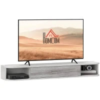 Mobile TV Sospeso in Legno con 2 Ripiani Aperti e Armadietto, 120x26x16 cm, Bianco e Grigio