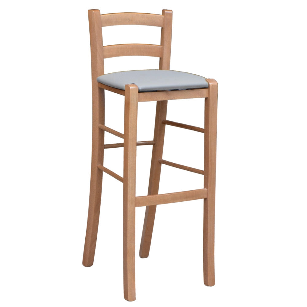 Sgabello alto bar di legno noce chiaro h 80 cm seduta similpelle grigio tortora