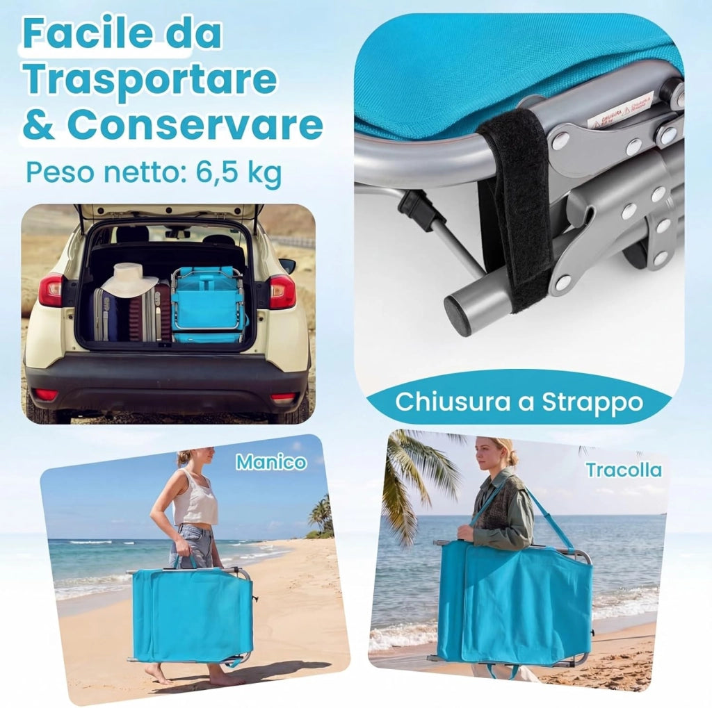 Lettino Prendisole Pieghevole Portatile, Lettino da Spiaggia con Fori per Viso e Braccia, Cuscino Poggiatesta e Tasca, Schienale Regolabile, per Mare e Piscina, Portata 180 kg (Turchese)