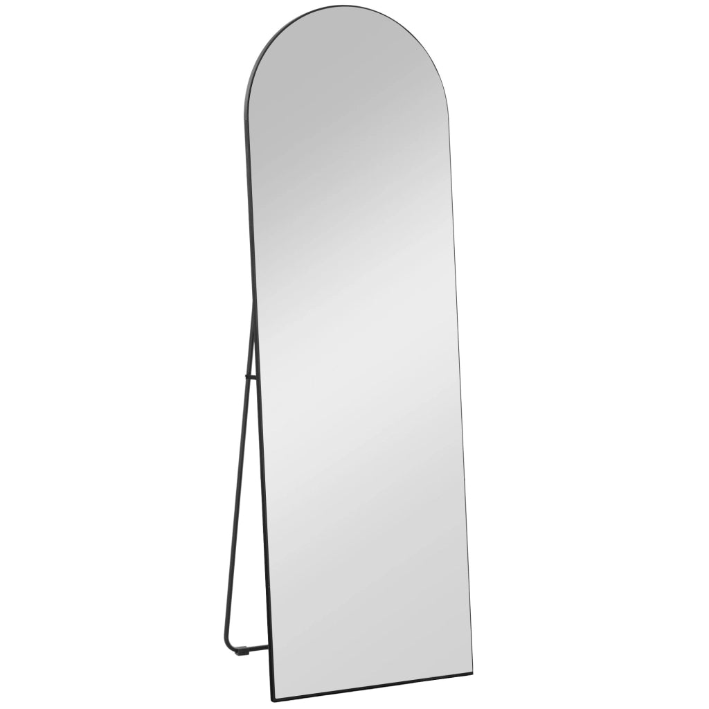 Specchio intero 150 x 50 cm nero con supporto, design ad arco, vetro con pellicola di sicurezza, da terra o a parete