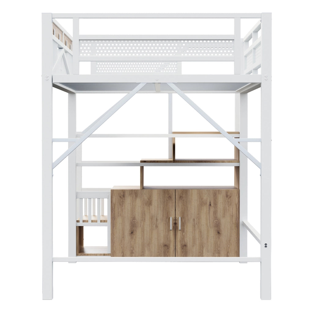Letto a soppalco 140x200 cm bianco metallo e legno con scala contenitore