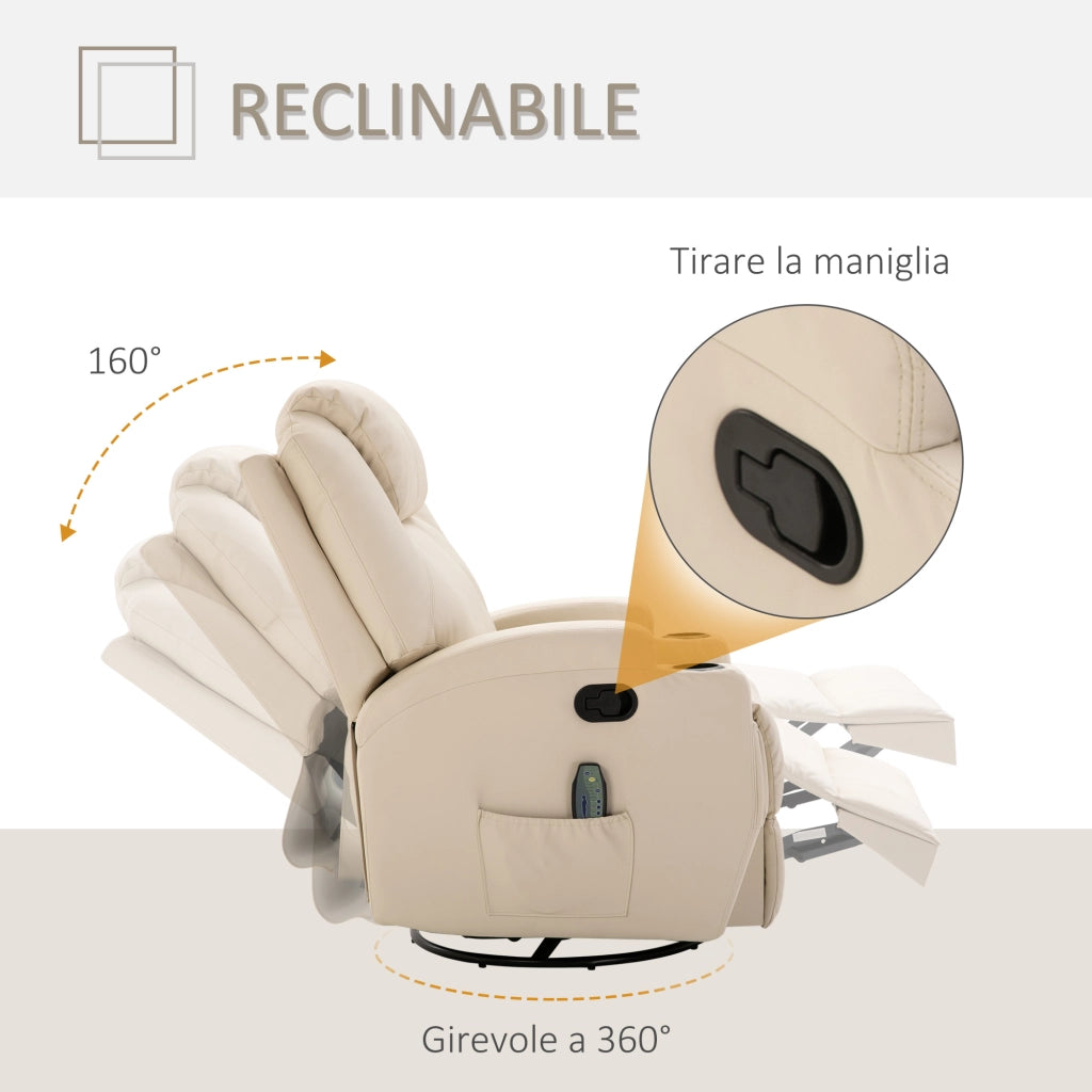 EasyComfort Poltrona Relax Elettrica Reclinabile Girevole con 2 Portabicchieri, Telecomando, Poggiapiedi e 4 Tasche Laterali, in Pelle PU, Legno e Acciaio, Crema