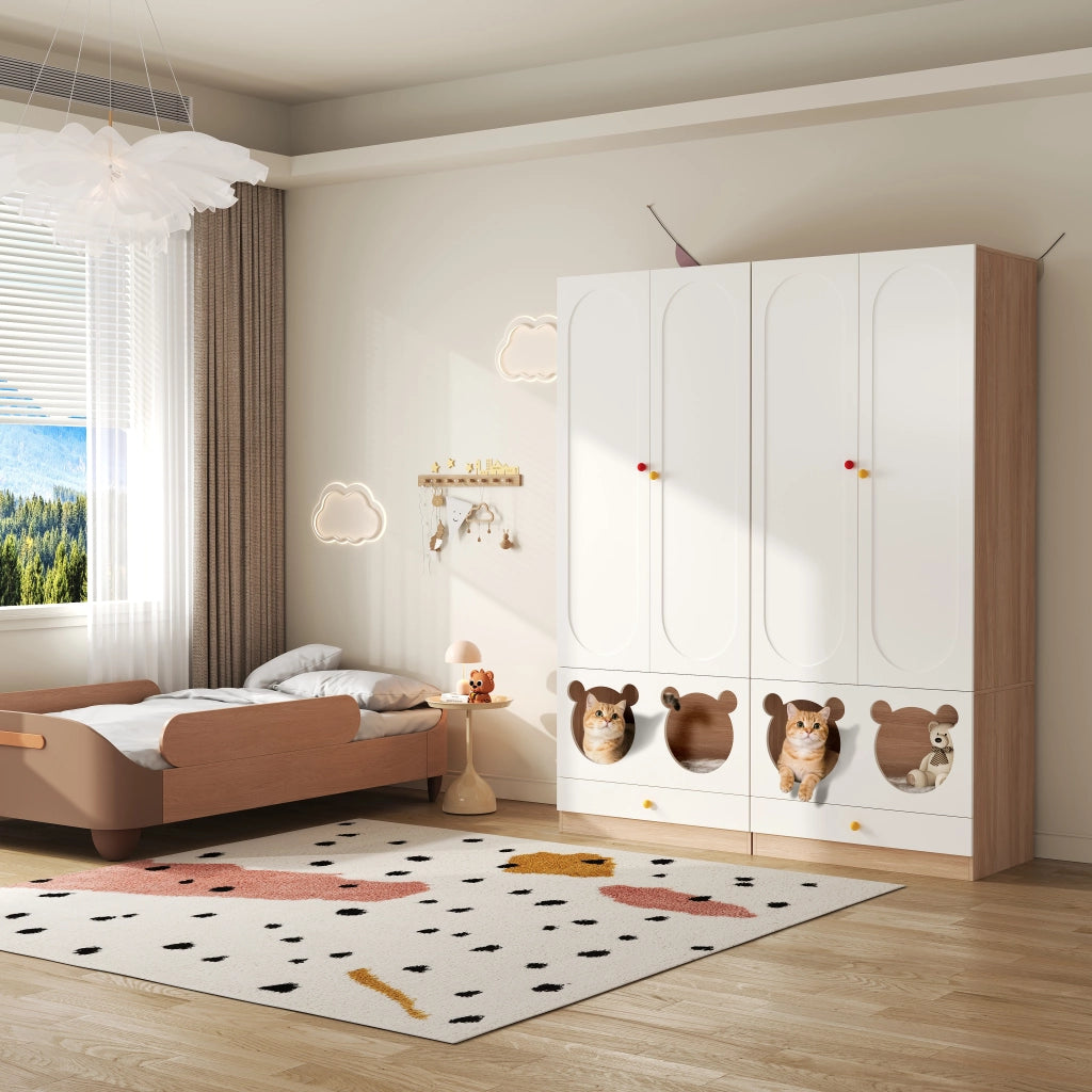 Armadio con 2 ante asta appendiabiti ripiani e cassetti per cameretta in MDF bianco e legno 80×50×200 cm