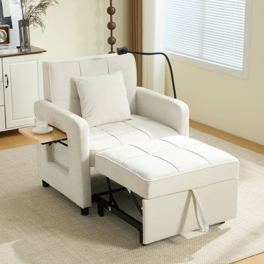 Poltrona letto convertibile con schienale regolabile e tasche laterali in chenille beige