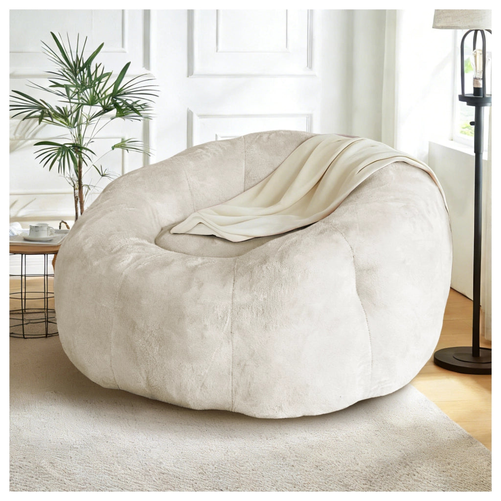 Fauteuil pouf rotondo in flanella con struttura stabile e seduta ampia per soggiorno e camera da letto bianco