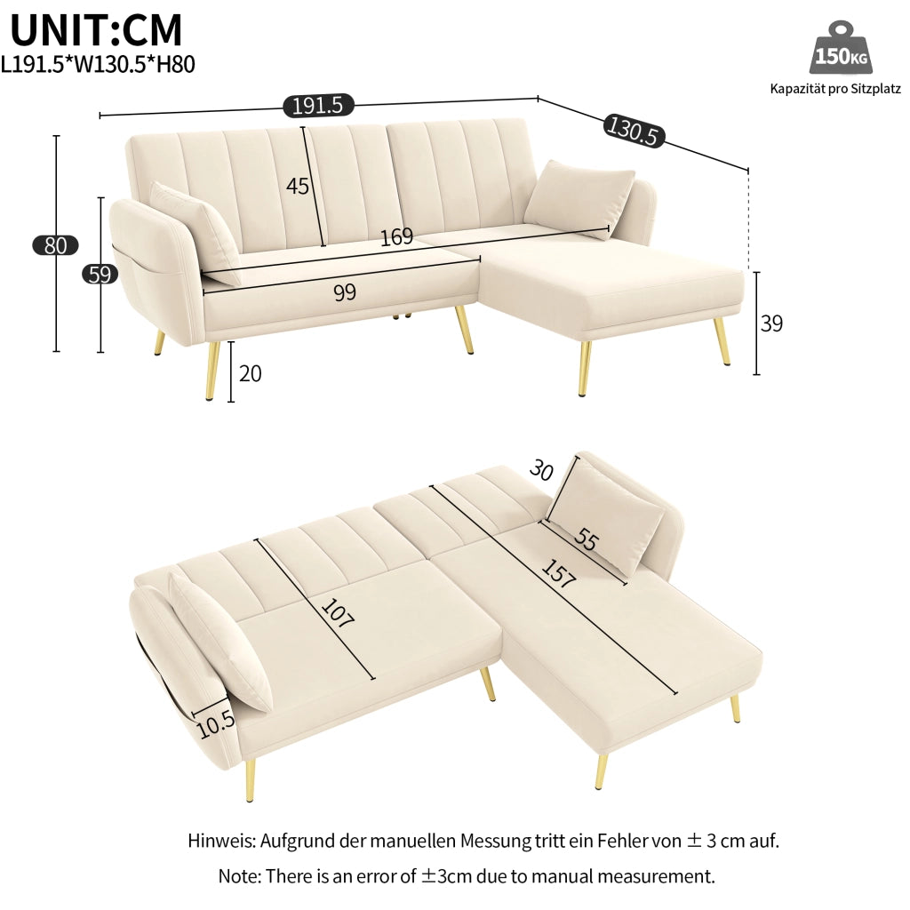 DIVANO LETTO angolare 191,5x130,5 cm in velluto beige con chaise longue reversibile