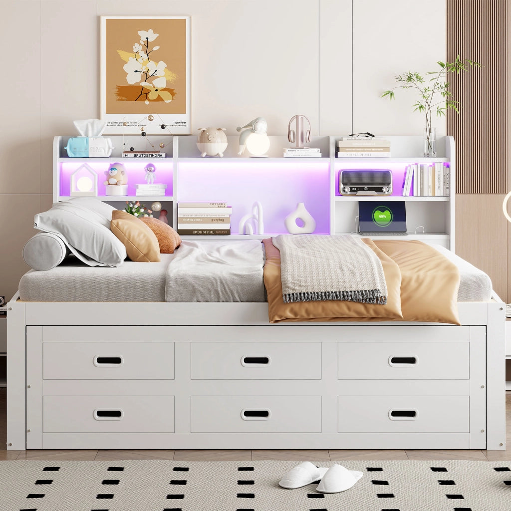 OKWISH Letto a Scomparsa 140×200 cm, Letto Matrimoniale con LED Regolabile, 3 Cassetti, USB, Tipo C e Ripiani, senza Materasso, Bianco