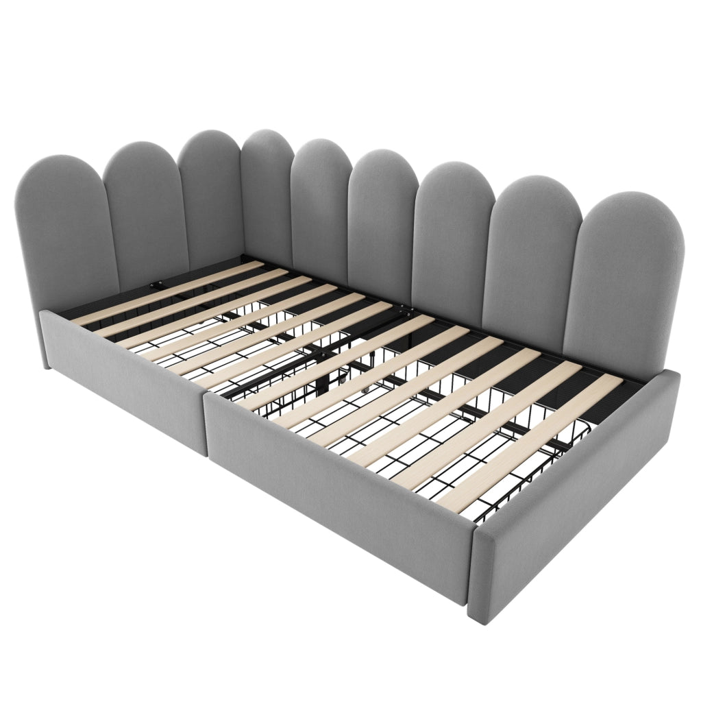 Letto singolo imbottito con 2 cassetti; 90x190 cm; in velluto grigio