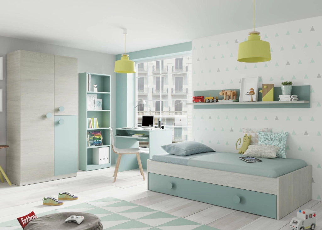 Guardaroba Aronia, Armadio per cameretta, Mobile a 3 ante e 3 ripiani con barra appendiabiti, cm 90x52h200, Bianco e Verde acqua