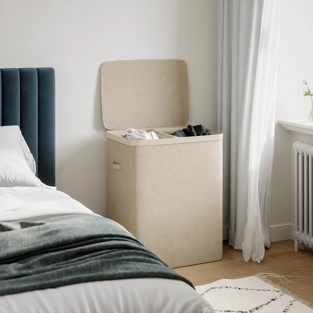 Cesto Portabiancheria Sporca con Divisorio Porta Biancheria Doppia Cesta Beige