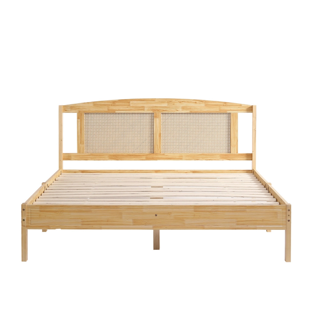 Letto matrimoniale 160x200 cm con 15 doghe e piedini centrali; legno di pino e PE-Rattan naturale