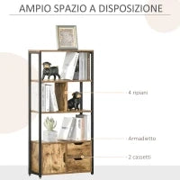 Mobile Libreria con 3 Ripiani, Armadietto e 2 Cassetti, in Truciolato e Metallo, 58x24x122 cm