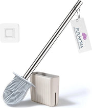 Toiletborstello in silicone con supporto, pulizia antibatterica profonda, toiletborstello in silicone per ogni bagno, toiletborstello, asciuga velocemente, risparmia spazio, design elegante, lunga maniglia in acciaio inossidabile.