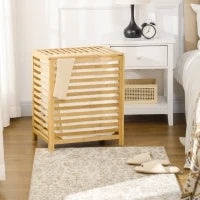 Cesto Portabiancheria a Doghe in Bambù e Poliestere con Coperchio e Sacca Rimovibile, 50x36x60 cm