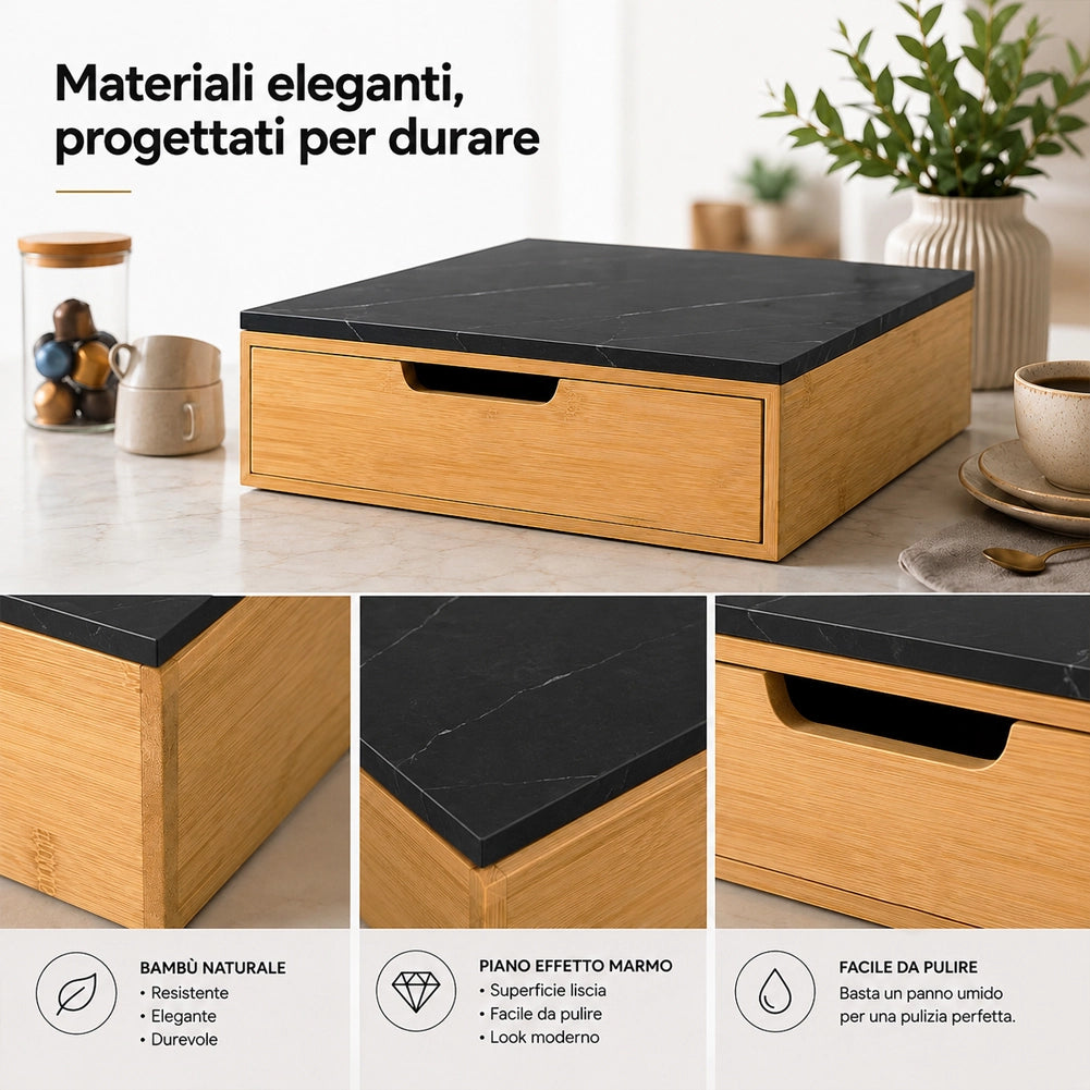 Portacapsule Piano Vetro Effetto Marmo Nero Portacialde Organizer 31.5x30x10cm
