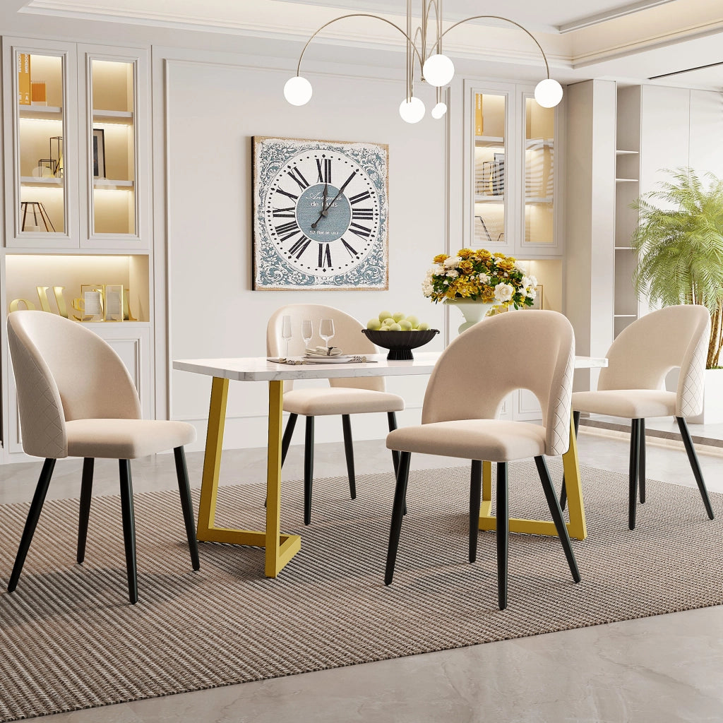Tavolo da pranzo per 4 persone set con 4 sedie in velluto e metallo schienale con motivo diamantato beige