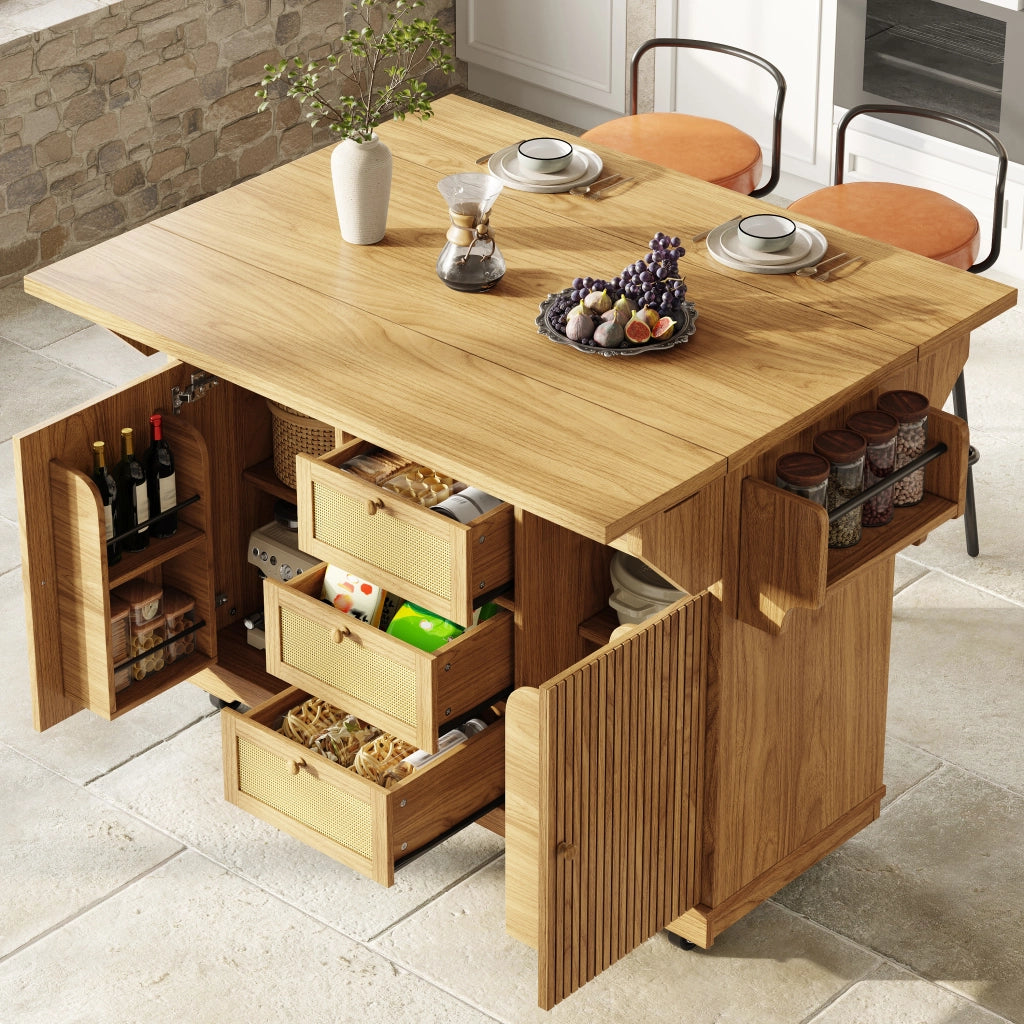 CARRELLO da Cucina Pieghevole 142,5x80x95 cm MDF Naturale con Cassetti in PE Rattan
