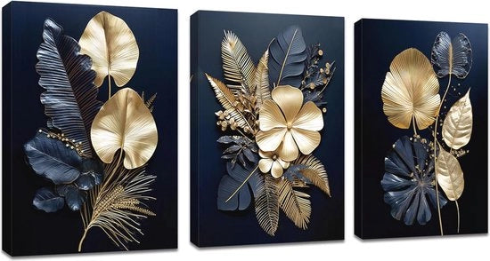 Decorazione per Parete a 3 Paneli con Fiori e Foglie di Coco in Blu Marina e Oro