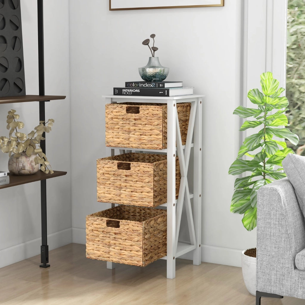 Set di 2 comodini a 4 piani-Tavolini laterali stretti con 3 cesti di giunc gambe in legno di acacia Bianco