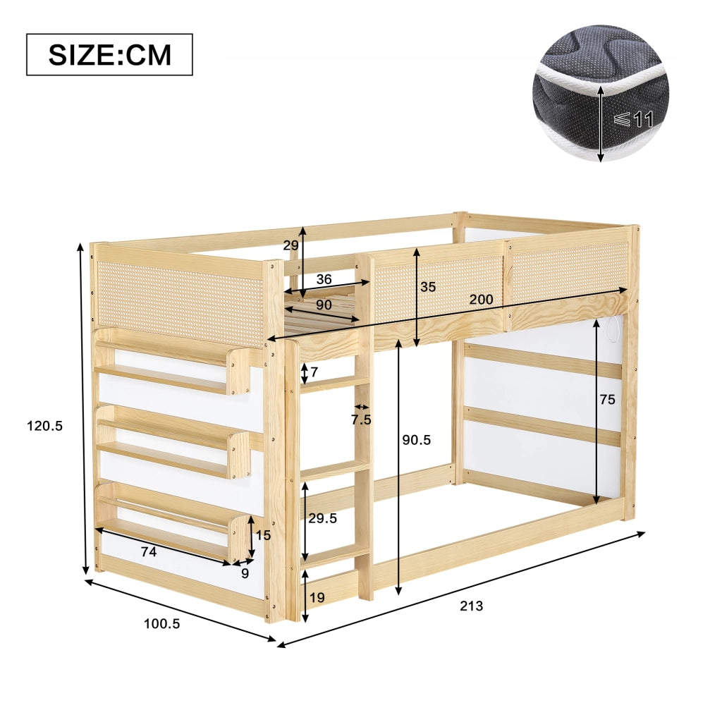 LETTO a soppalco 90x200 cm Legno Naturale/Bianco con scala a 3 gradini