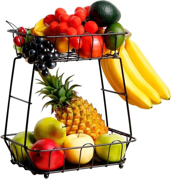Etagère frutta a 2 piani, ciotola frutta nera con uncino banana, 29 x 34,5 cm etagère frutta metallica a 2 livelli