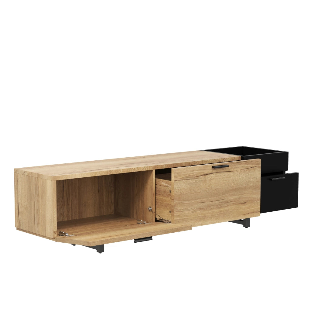 Mobile TV moderno in legno naturale e nero con ripiani aperti e cassetti, 180 cm