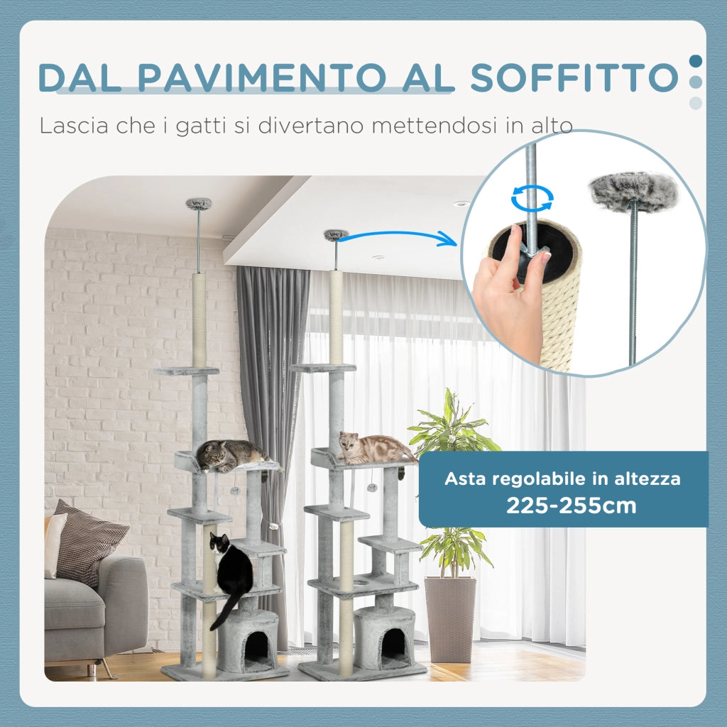 Albero Tiragraffi per Gatti a Soffitto con Piattaforme e Casetta ¨C zephmum ¨C Grigio 60x40x225-255cm