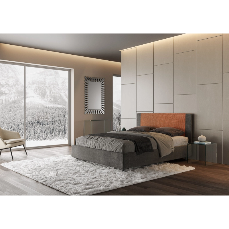Letto imbottito Matrimoniale 160x200 cm tessuto Labirinto Rosal - Contenitore,Grigio/Arancio