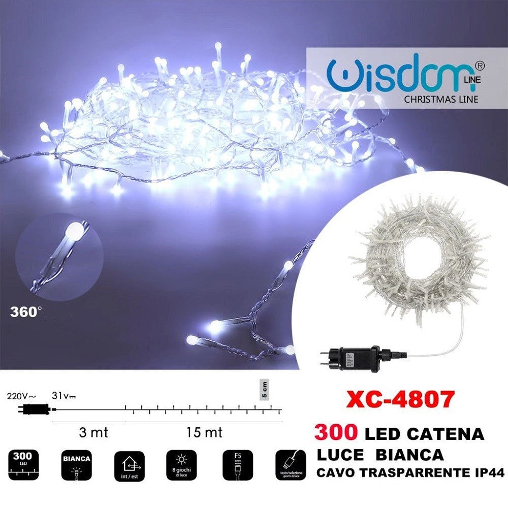 Trade Shop - Catena Luminosa 300 Luci Led Lucciole Luce Bianca Cavo Trasparente Ip44 Xc-4807 -