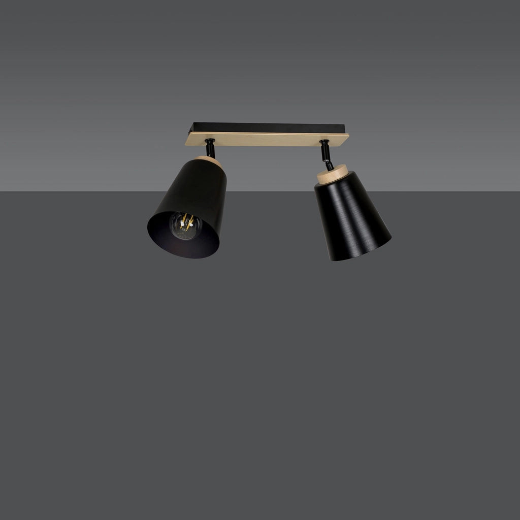 Plafoniera Faretti Spot Orientabili 2 Luci Xiwangmu Acciaio Nero E Legno Naturale