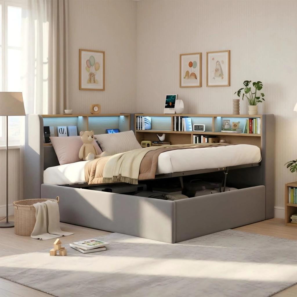 Letto a Divanetto Contenitore 90x200 cm; USB; Type-C; LED; in Velluto Grigio