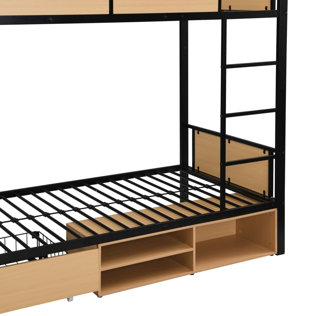 Letto a castello 90x200 cm con doppio ripiano e contenitore in metallo e MDF nero e naturale