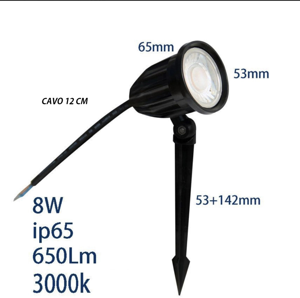 Faretto a led cob da esterno per giardino con picchetto da 8W luce orientabile 650 lm calda 3000K