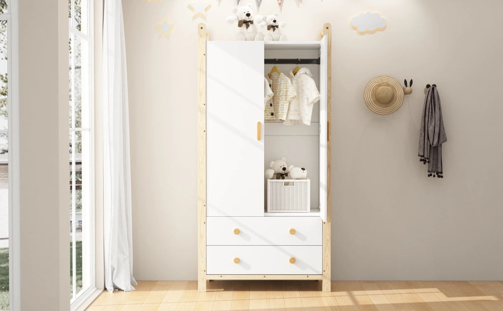 Armadio a 2 ante con asta appendiabiti e 2 cassetti; per camera da letto e ingresso; bianco e naturale; 90×45×180 cm
