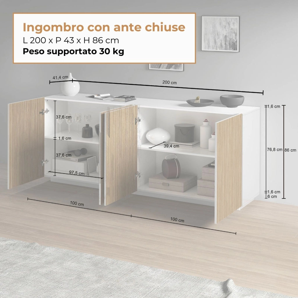 WHOUS Credenza Coste a 4 ante effetto cannetè bianco opaco e legno chiaro 200x43x86 cm