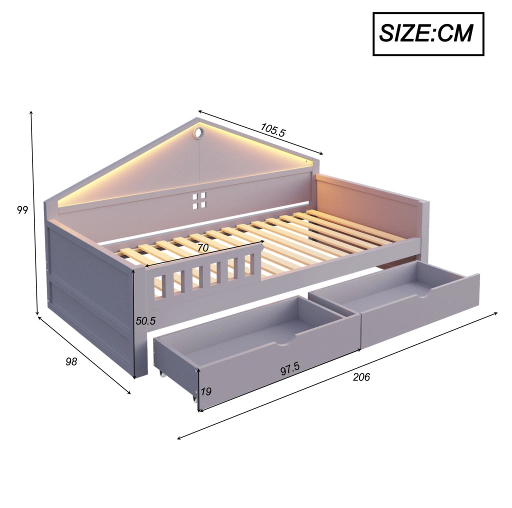 Letto singolo multifunzione 90x200 cm con LED e 2 cassetti; grigio in legno e MDF
