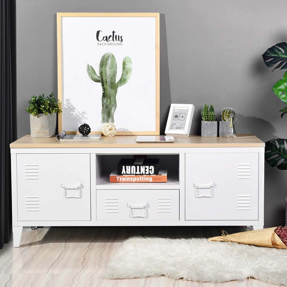 Armadietto Mobiletto TV con Cassetto Metallo MDF Mobile Televisione Moderno Bian