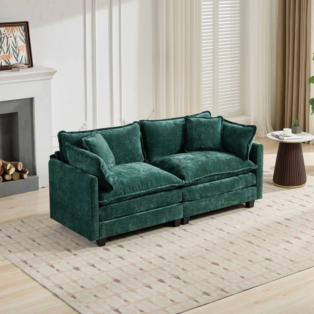 Divano 2 Posti con Poggiapiedi ¨C MINIMAL ¨C Verde, Tessuto Chenille, Cuscini Imbottiti