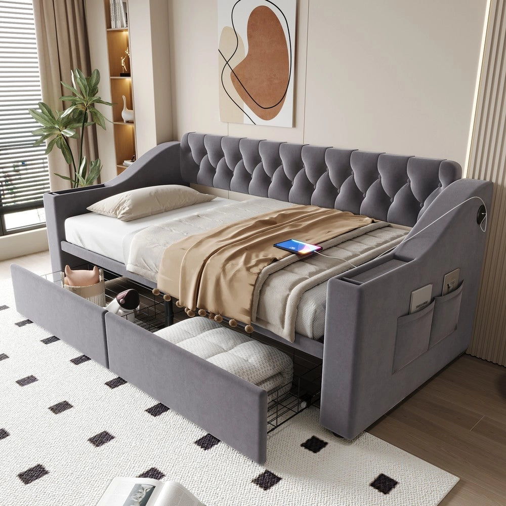Letto Imbottito con Cassetto e USB ¨C MINIMAL ¨C Velluto Grigio Scuro 90x190