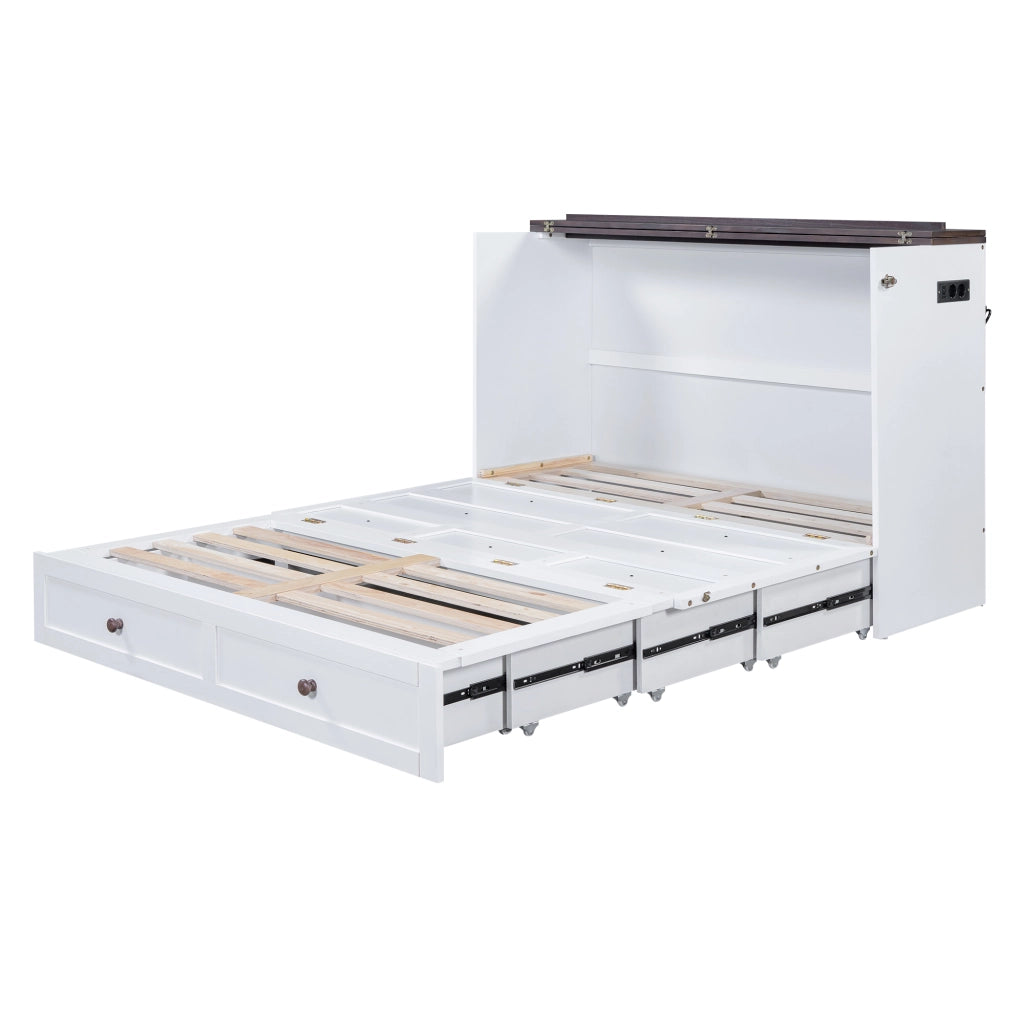 Letto a Scomparsa 140 x 200 cm; con Cassetto; USB e Presa e Mensola - in Legno - Bianco